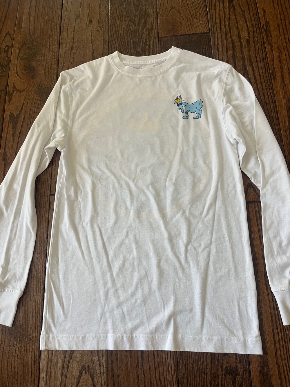 Men's White Long Sleeve Tee with Small Blue Rhino Graphic